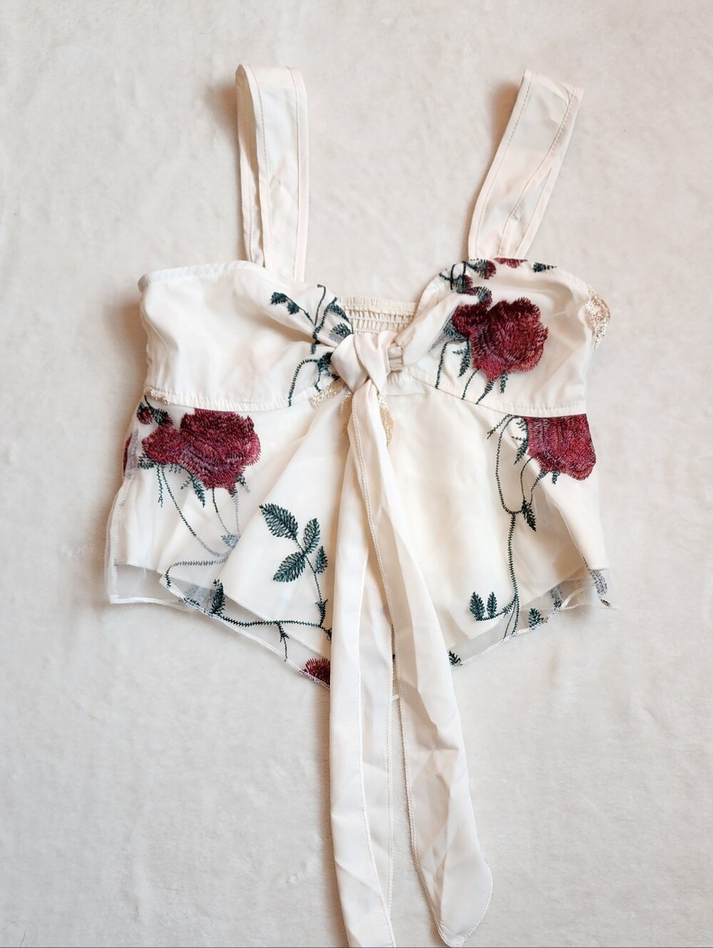 Cream Cropped Pointed Torso Cami with Red And Gold Rose Embroidery Small